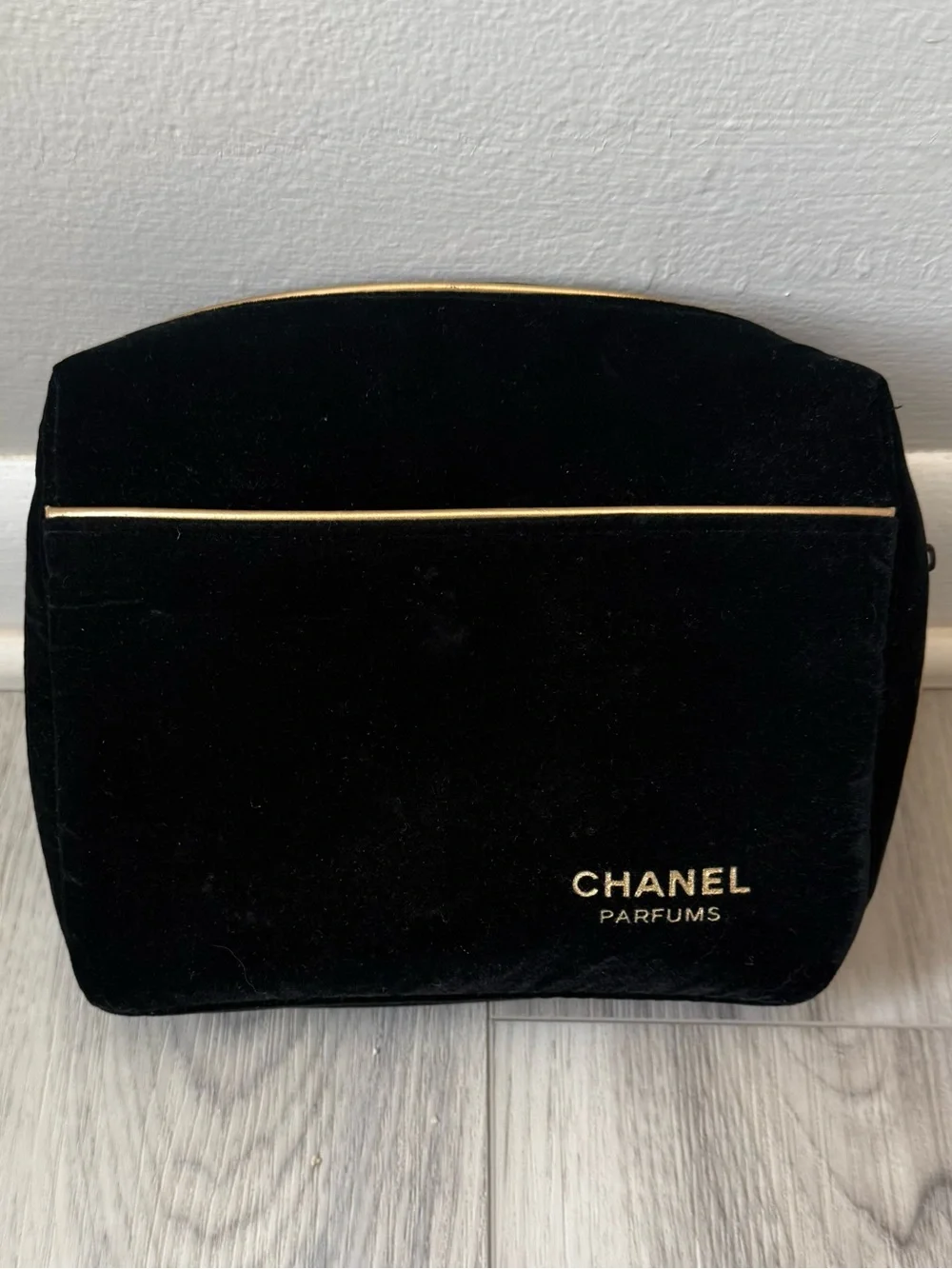 CHANEL Black Velvet Cosmetic Pouch with Gold Trim - Picture 1 of 4